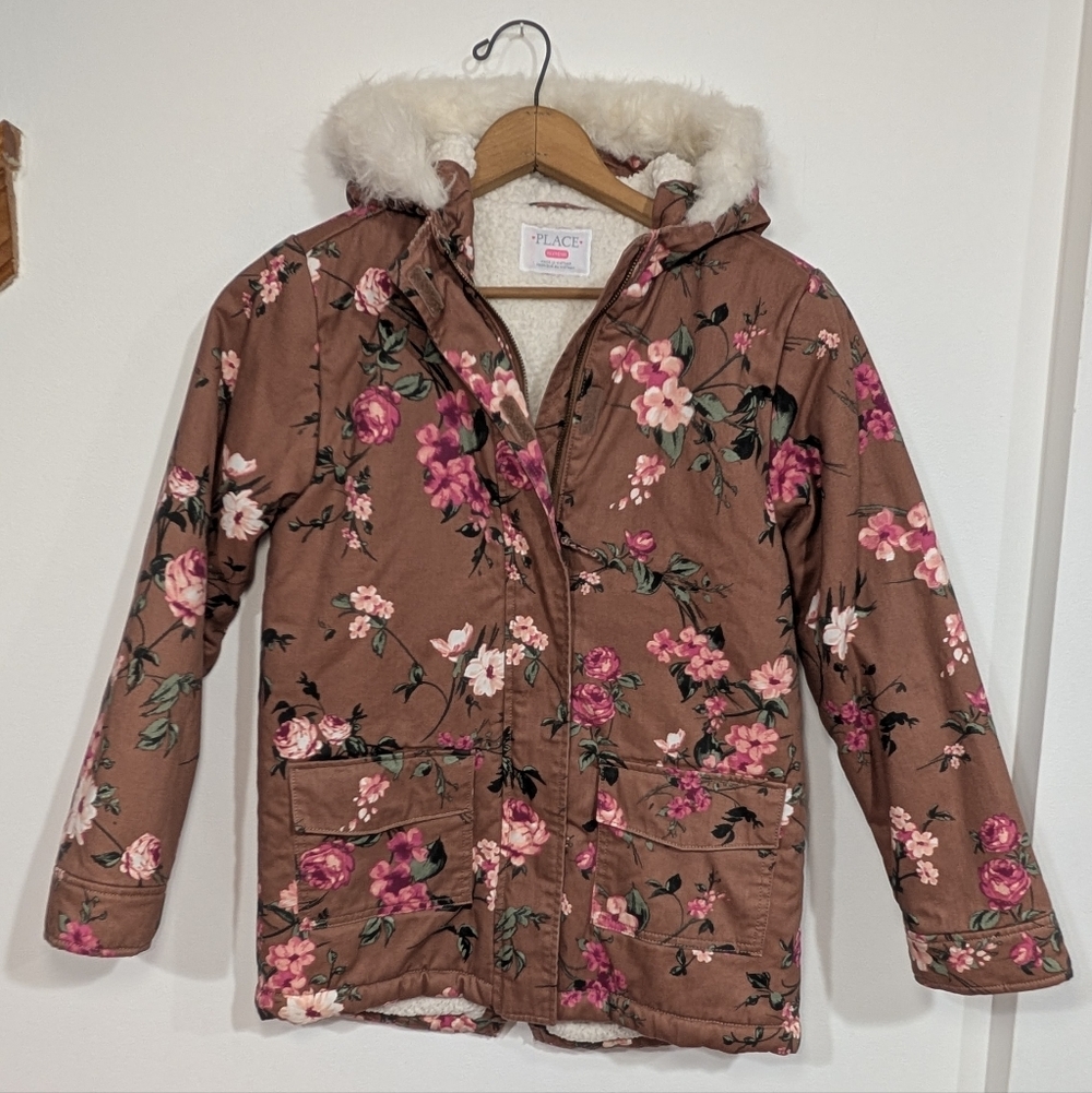 Childrens Place Girls XL14 Floral Brown Parka Jacket Faux Fur Hood Sherpa Lined